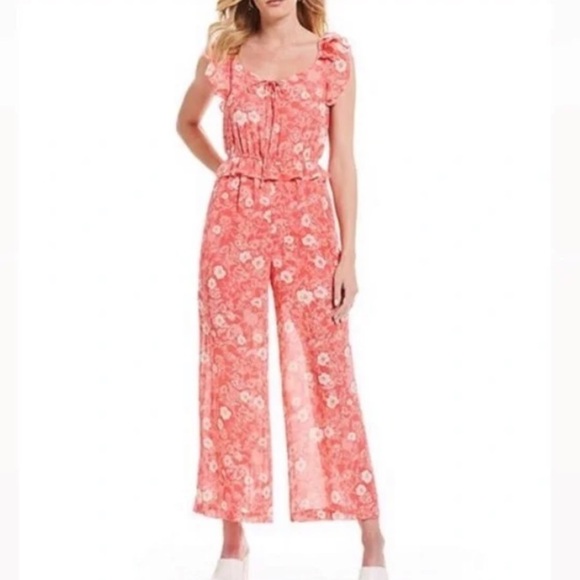 A LOVES A Coral Floral Ruffle Sleeveless Wide Leg Jumpsuit Size Extra Small - Picture 1 of 14
